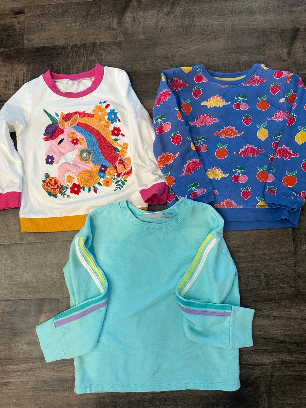 3 Girls Sweatshirt Lot size 5/6- pullover Unicorn, Fruit Dino and Teal stripe